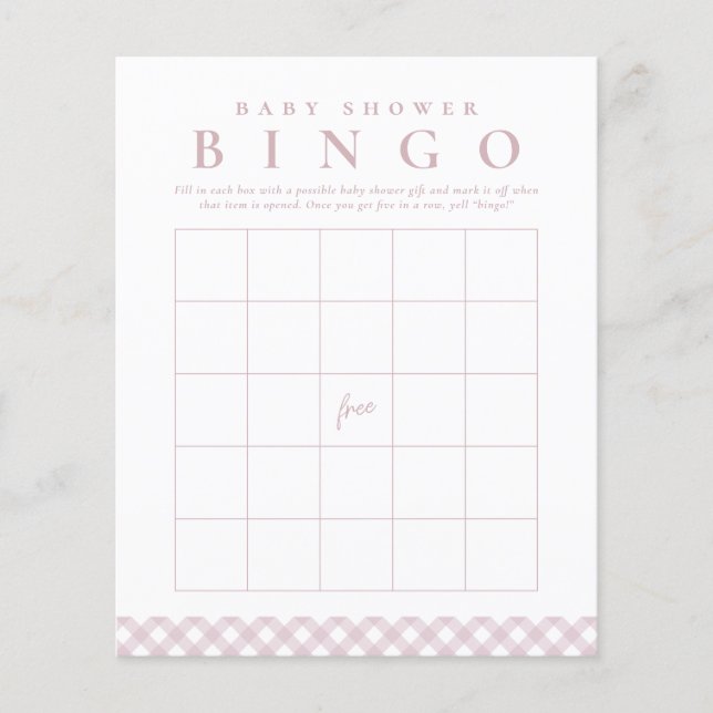 Baby shower bingo spel in leuke roze gingham (Voorkant)
