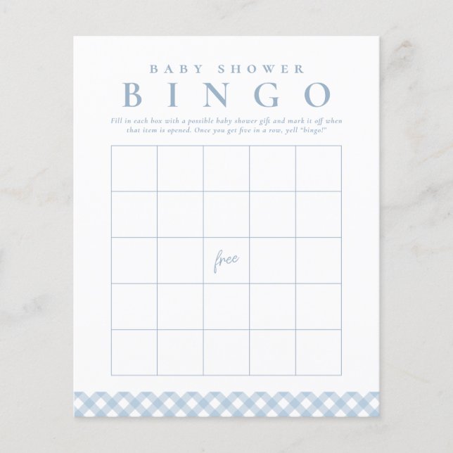 Baby shower bingo spel in schattig blauw gingham (Voorkant)