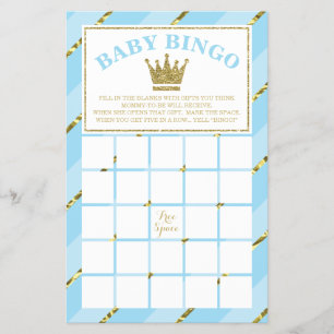 Baby Shower Bingo Spel, Prins, Blauw en Goud Flyer