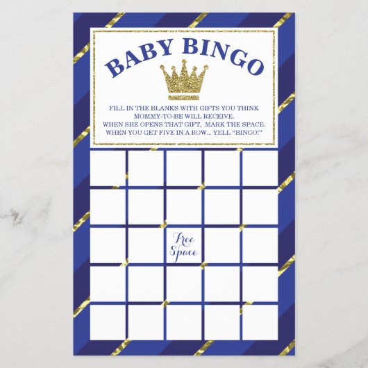 Baby Shower Bingo Spel, Prins, Blauw en Goud Flyer (Voorkant)