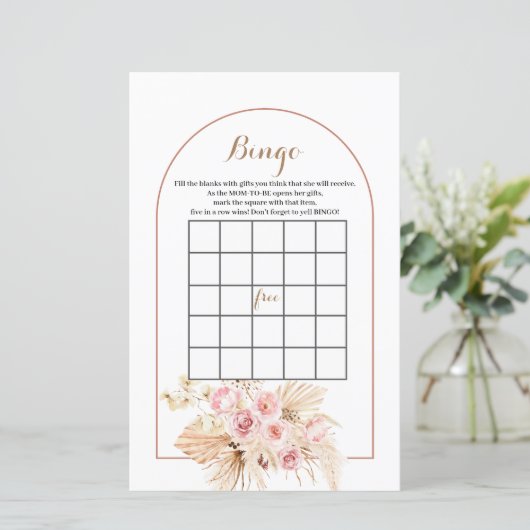 Baby Shower BINGO spel Roze Bloem Boho Pampas (Staand voorkant)