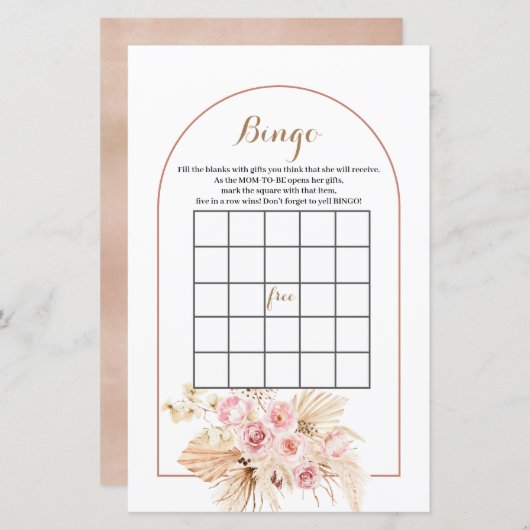 Baby Shower BINGO spel Roze Bloem Boho Pampas (Voorkant / Achterkant)