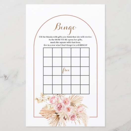 Baby Shower BINGO spel Roze Bloem Boho Pampas (Voorkant)
