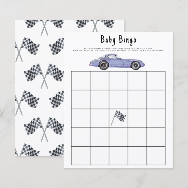 Baby shower bingo spel voor race theme (Voorkant / Achterkant)