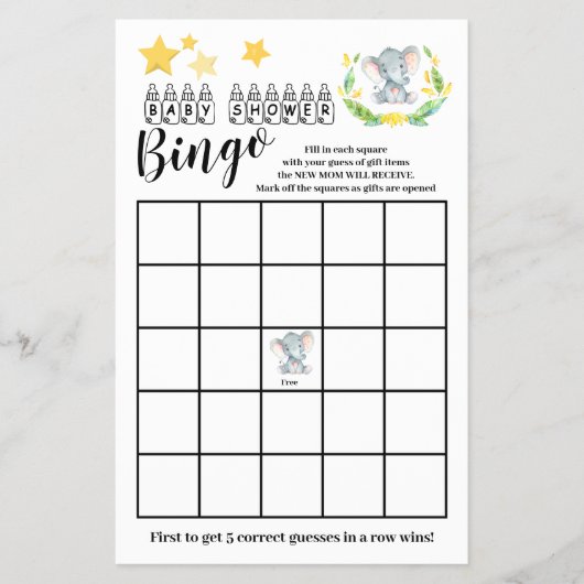 Baby shower Bingo Sweet Elephant Game Kaart (Voorkant)