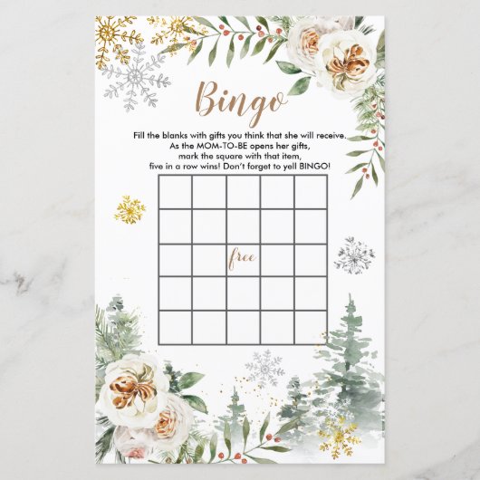 Baby shower Bingo Winter White Floral Pine Trees (Voorkant)