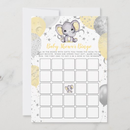 Baby shower Bingo Yellow Elephant Game Kaart (Voorkant)