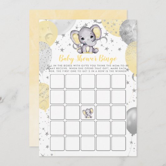 Baby shower Bingo Yellow Elephant Game Kaart (Voorkant / Achterkant)