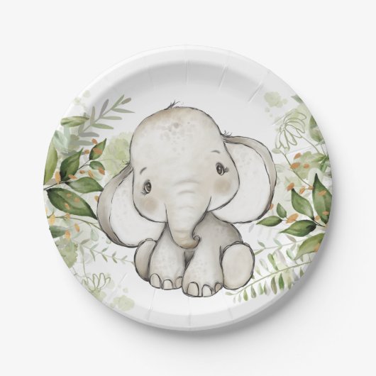 Baby shower Birthday Cute Elephant Greenery Papieren Bordje (Voorkant)