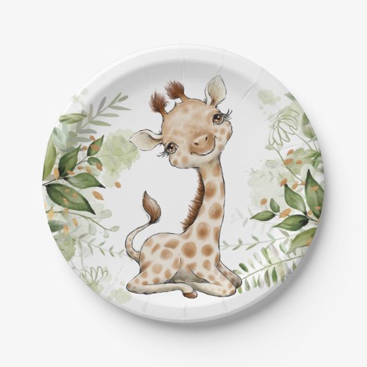 Baby shower Birthday Cute Giraffe Greenery Papieren Bordje (Voorkant)