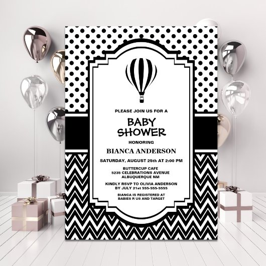 Baby shower Black en White Hot Air ballon Kaart