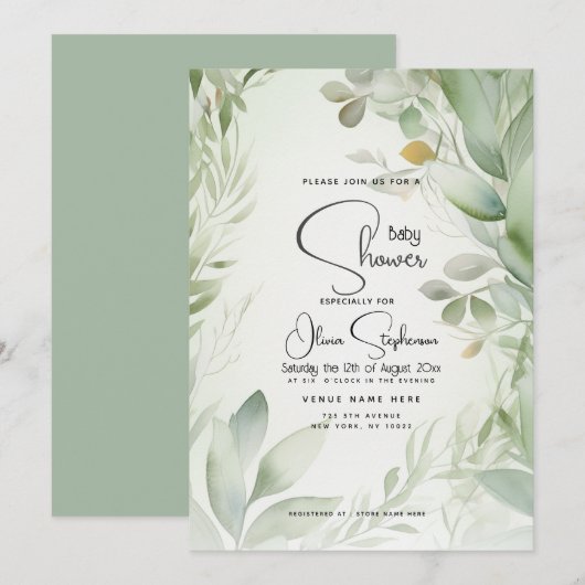 Baby shower- blad Waterverf Bladblad Kaart (Voorkant / Achterkant)