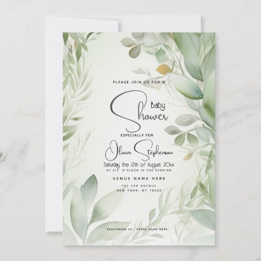 Baby Shower- Bladerrijke Waterverf Bladgroen Kaart (Voorkant)