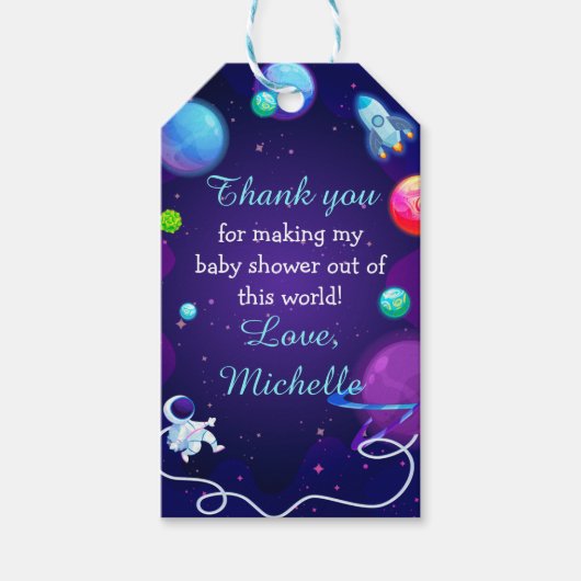 Baby shower blauw Astronaut Planet Cadeaulabel (Voorkant)