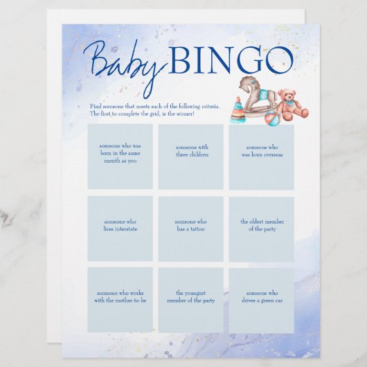Baby shower blauw bingo gepersonaliseerde sjabloon briefhoofd (Voorkant / Achterkant)