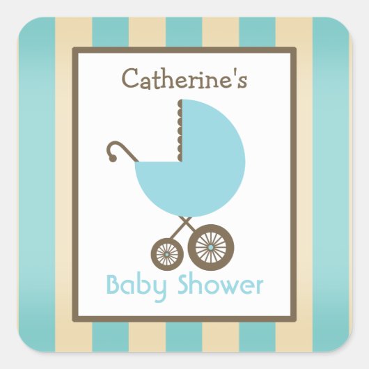 Baby shower Blauw Carriage & Stripes Vierkante Sticker (Voorkant)