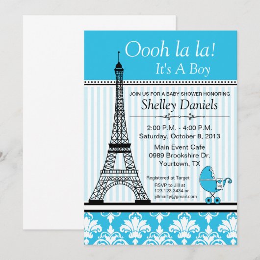 Baby shower blauw Eiffeltower Kaart (Voorkant / Achterkant)