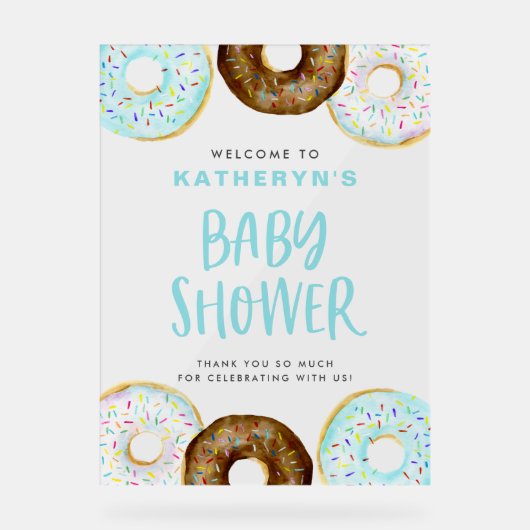 Baby shower Blauw en chocolade Donuts Welkom Acryl Bord (Voorkant)