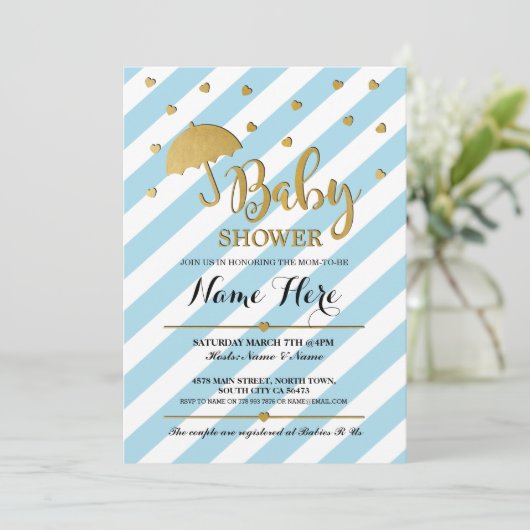 Baby shower Blauw en Goud Meisje Tweeling Uitnodig Kaart (Staand voorkant)