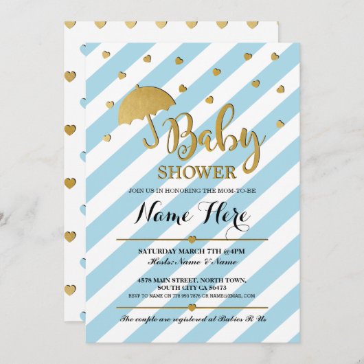 Baby shower Blauw en Goud Meisje Tweeling Uitnodig Kaart (Voorkant / Achterkant)