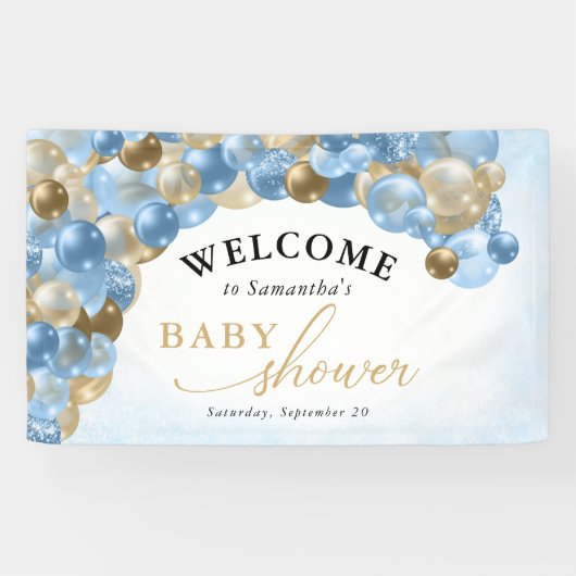 Baby shower Blauw- en goudballonboogjongen Spandoek (Horizontaal)