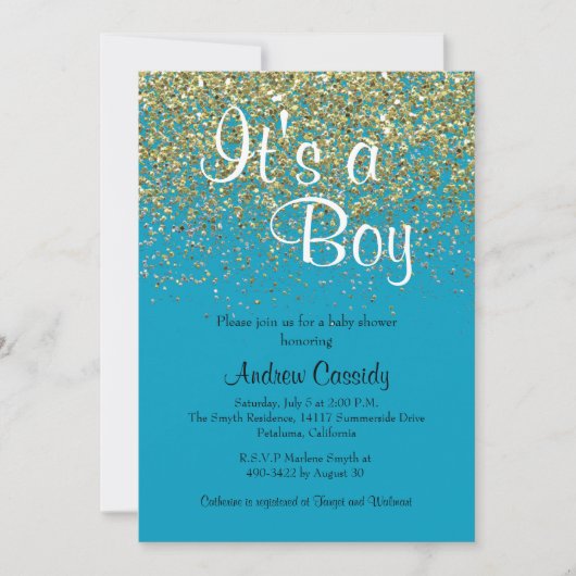 Baby shower Blauw en goudglitter Sprinkle uitnodig Kaart (Voorkant)