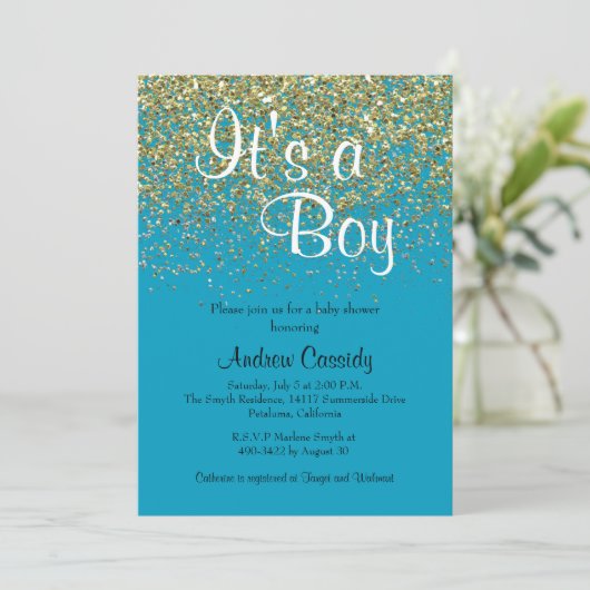 Baby shower Blauw en goudglitter Sprinkle uitnodig Kaart (Staand voorkant)