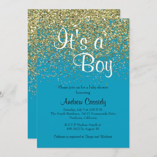 Baby shower Blauw en goudglitter Sprinkle uitnodig Kaart (Voorkant / Achterkant)