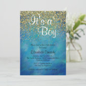 Baby shower Blauw en goudglitter Sprinkle uitnodig Kaart (Staand voorkant)