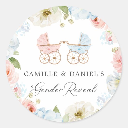 Baby shower blauw en roze Floral Ronde Sticker (Voorkant)