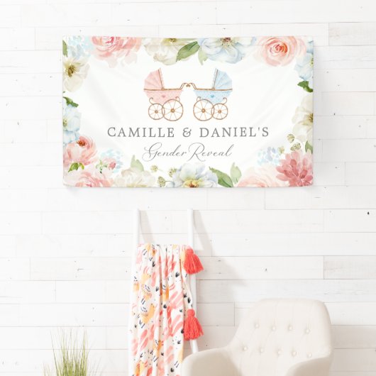 Baby shower blauw en roze Floral Spandoek (Insitu)