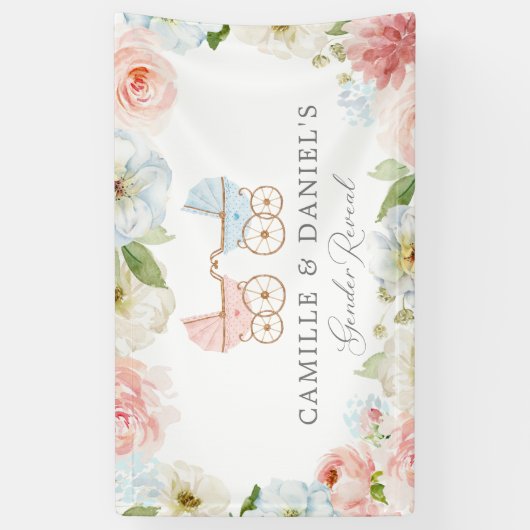 Baby shower blauw en roze Floral Spandoek (Verticaal)