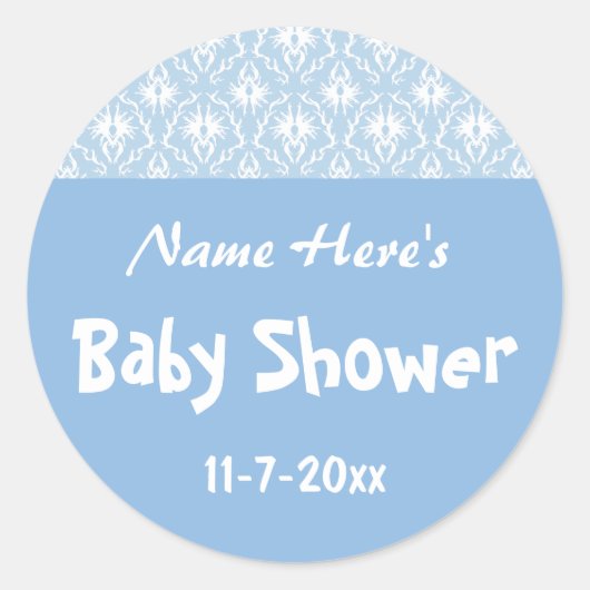 Baby shower Blauw en Wit Damaskpatroon, Douanepatr Ronde Sticker (Voorkant)