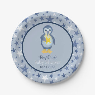 Baby shower Blauw en wit Star Penguin Papieren Bordje