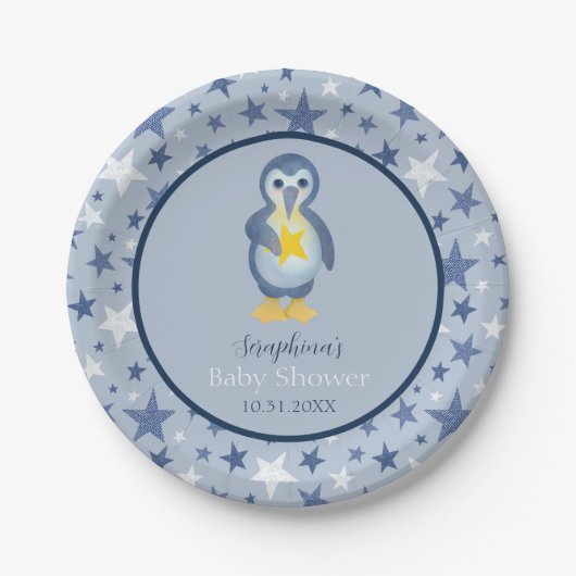 Baby shower Blauw en wit Star Penguin Papieren Bordje (Voorkant)