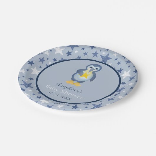 Baby shower Blauw en wit Star Penguin Papieren Bordje (Gekanteld)