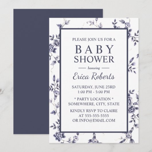 Baby shower Blauw en Witte Floral Kaart (Voorkant / Achterkant)