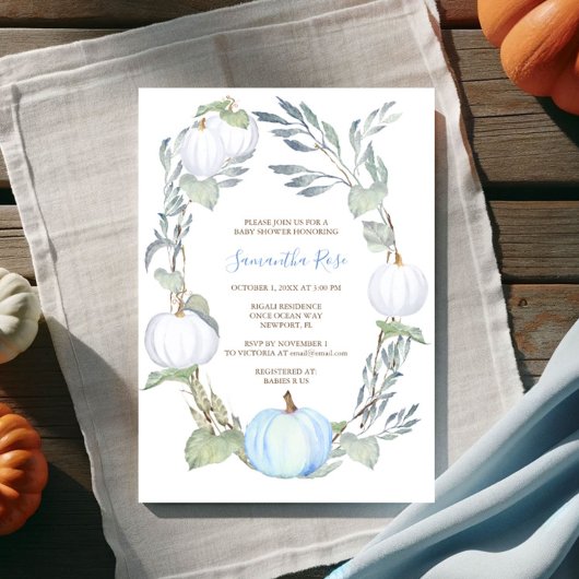 Baby shower Blauw en WITTE PUMPKIN Greenery Kaart