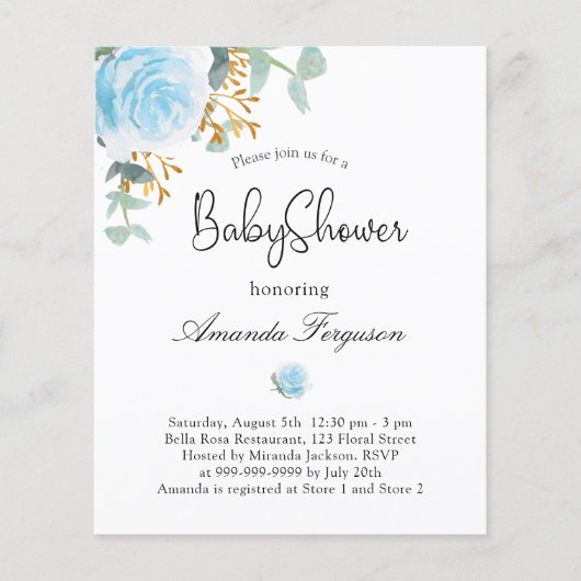Baby shower blauw floral budget uitnodiging flyer (Voorkant)
