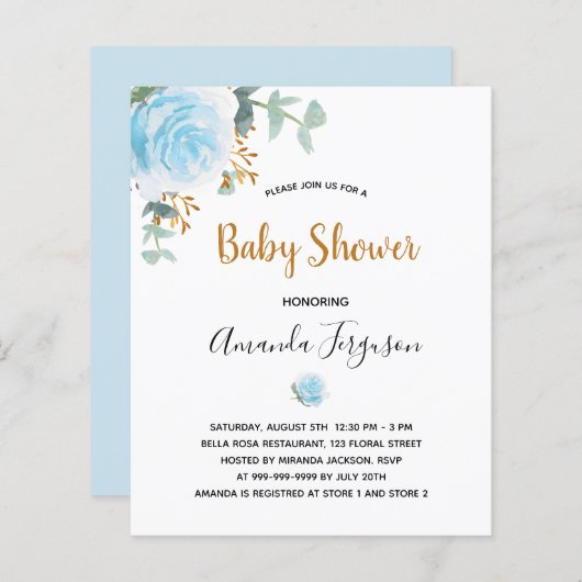 Baby shower blauw florale uitnodiging (Voorkant / Achterkant)