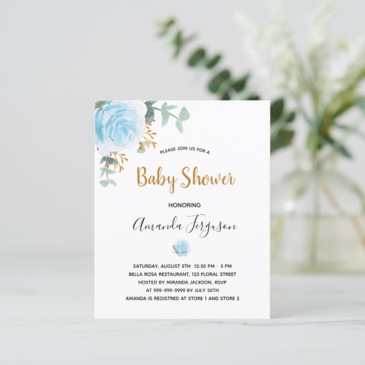 Baby shower blauw florale uitnodiging (Staand voorkant)