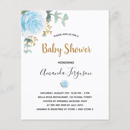 Baby shower blauw florale uitnodiging (Voorkant)