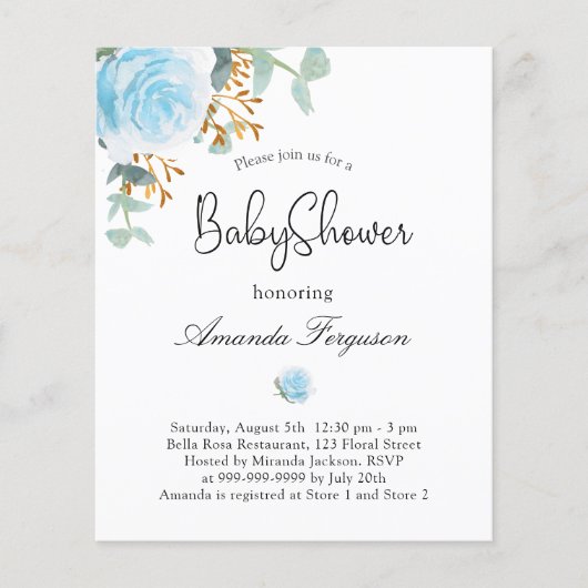 Baby shower blauw florale uitnodiging (Voorkant)