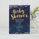 Baby shower Blauw & Goud Sterrennacht Uitnodiginge Kaart (Staand voorkant)