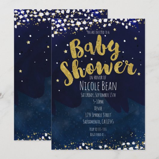Baby shower Blauw & Goud Sterrennacht Uitnodiginge Kaart (Voorkant / Achterkant)