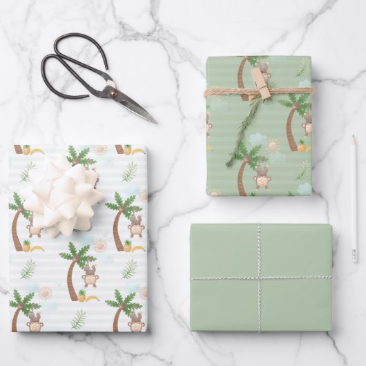 Baby shower Blauw groene aap wolken Inpakpapier Vel (Voorkant)