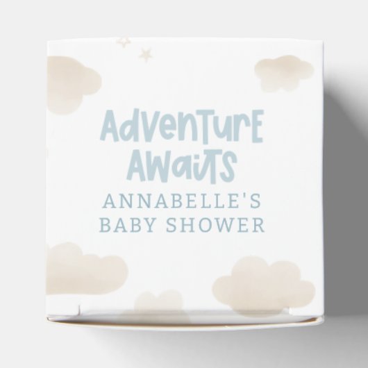 Baby shower blauw heteluchtballonavontuur wacht op bedankdoosjes (Bovenkant)