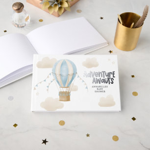 Baby shower blauw heteluchtballonavontuur wacht op gastenboek