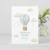 Baby shower blauw heteluchtballonavontuur wacht op kaart (Staand voorkant)