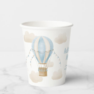 Baby shower blauw heteluchtballonavontuur wacht op papieren bekers